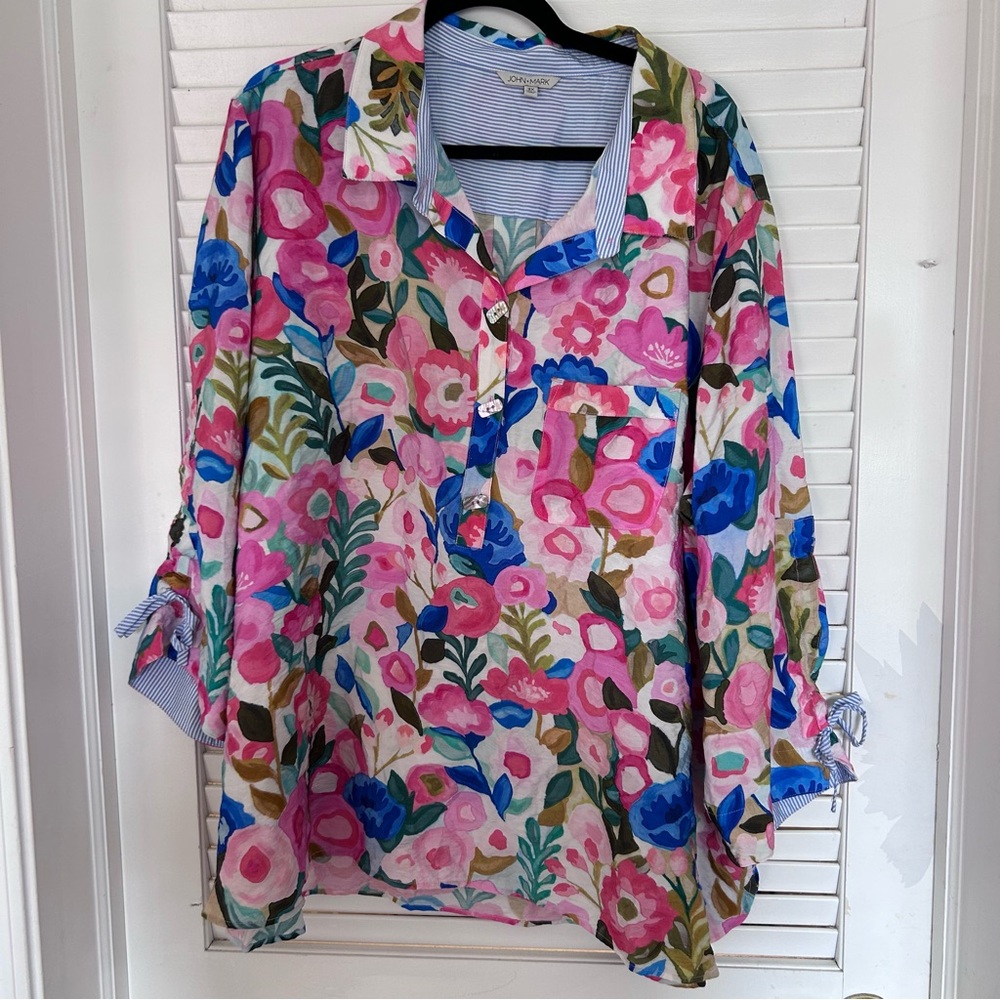 John Mark Floral Print Tunic Blouse Plus Size 3XL Pink Blue Shirt Top - Picture 3 of 9